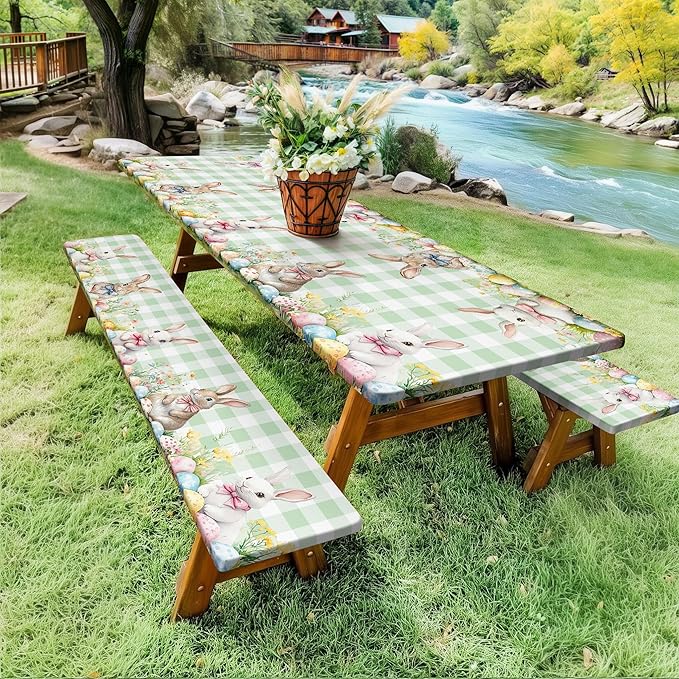 Easter Picnic Table Cover with Bench Covers, Camping Essentials, Easter Buffalo Plaid Rabbit Eggs Flower Outdoor Table Covers, Waterproof, Fitted Tablecloth Cover with Elastic Edge, 3 PCS, 30x96 Inch
