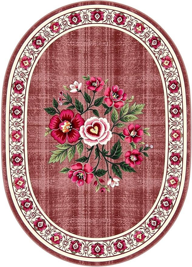 Retro Country Distressed Burgundy Green Florals Texture Bordered Rugs 4x6 for Living Room Bedroom Dining Room Soft Washable Non Skid Area Rug Guestroom Kitchen Doormats Rustic Indoor Oval Carpet