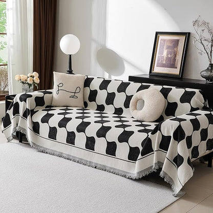 MEETSKY Sofa Covers Washable Couch Covers for 3 Cushion Couch Sofa Pet Friendly, Simple Modern Plaid Jacquard Couch Covers for Dogs, 91" x 118", Black Checkerboard