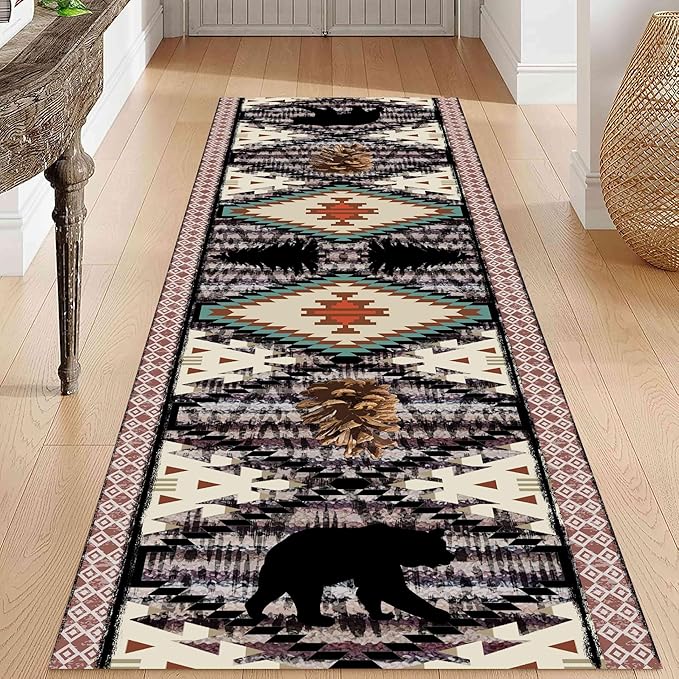Wild Animal Runner Rug, 2x7ft, Bohemian Southwestern Country Hallway Rug, Bear Pine Cone Long Runner, Comfortable Breathable Vintage for Kitchen Dining Room Office