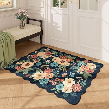 DUKINO 2x3 Entryway Rug, Floral Washable Indoor Door Mat with Non-Slip Backing, Soft Low Pile Small Front Door Throw Rugs for Entryway, Kitchen, Bedroom, Laundry, Bathroom, Navy Blue