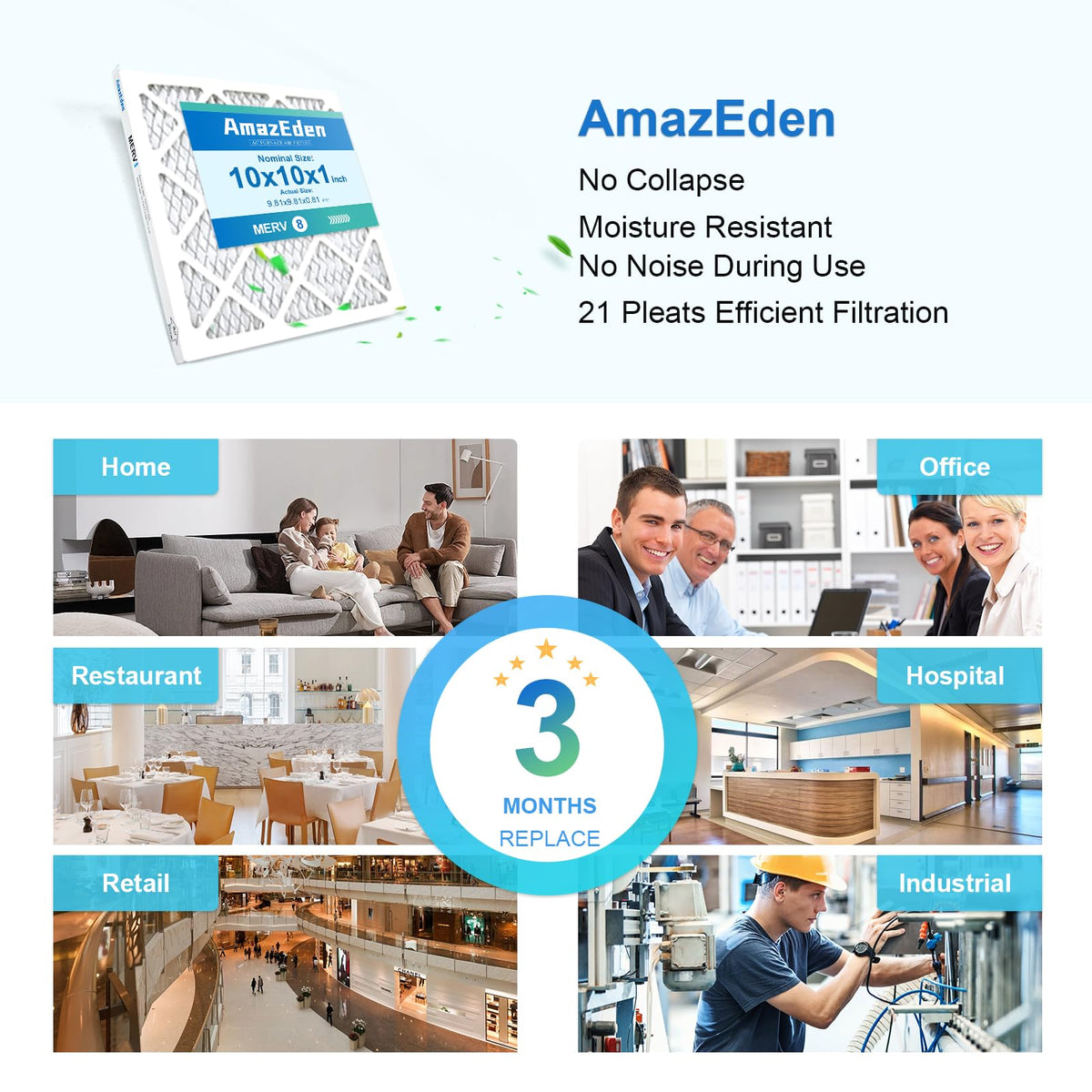 AmazEden 10x10x1 Air Filter 4 Pack – MERV 8 Pleated HVAC Replacement