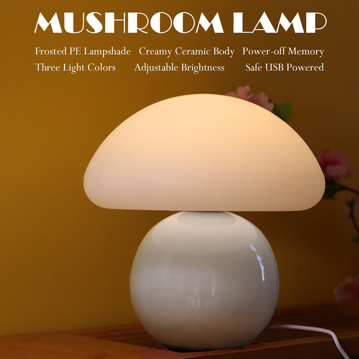 kvppvt Cute Small Mushroom Lamp – USB LED Night Light with Memory, Ceramic Base (Orange)