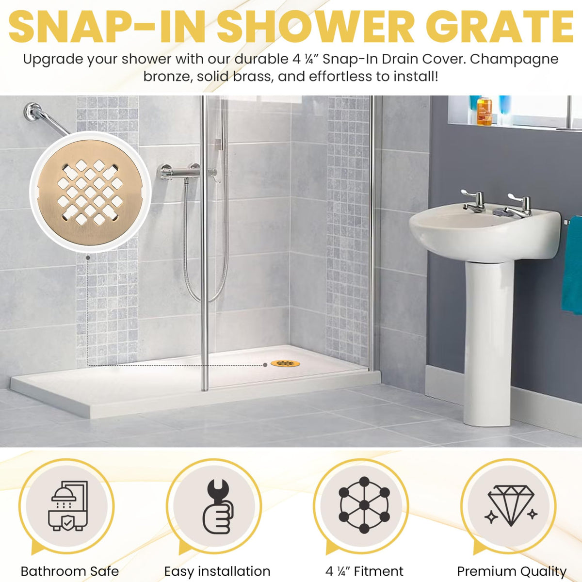 LXLOTUS Champagne Bronze Shower Drain Cover – 4¼ in Solid Brass, Easy Install